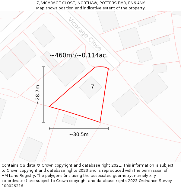 7, VICARAGE CLOSE, NORTHAW, POTTERS BAR, EN6 4NY: Plot and title map