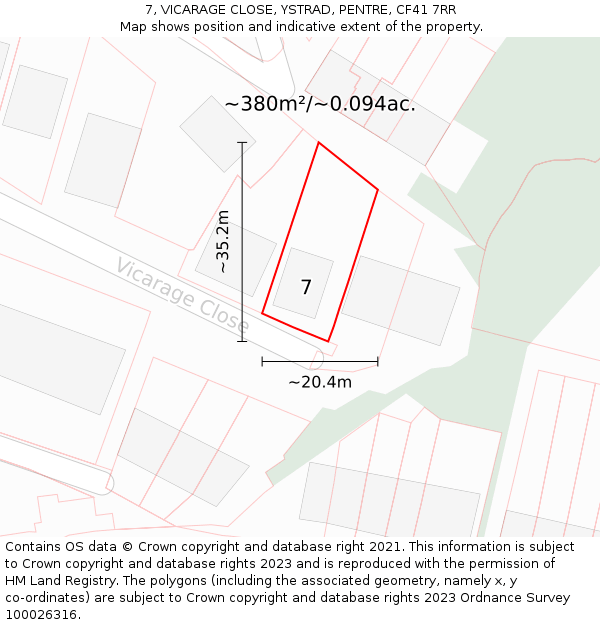 7, VICARAGE CLOSE, YSTRAD, PENTRE, CF41 7RR: Plot and title map