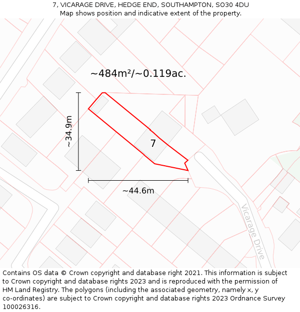 7, VICARAGE DRIVE, HEDGE END, SOUTHAMPTON, SO30 4DU: Plot and title map