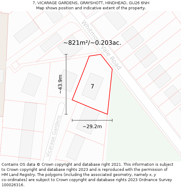 7, VICARAGE GARDENS, GRAYSHOTT, HINDHEAD, GU26 6NH: Plot and title map