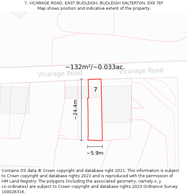 7, VICARAGE ROAD, EAST BUDLEIGH, BUDLEIGH SALTERTON, EX9 7EF: Plot and title map