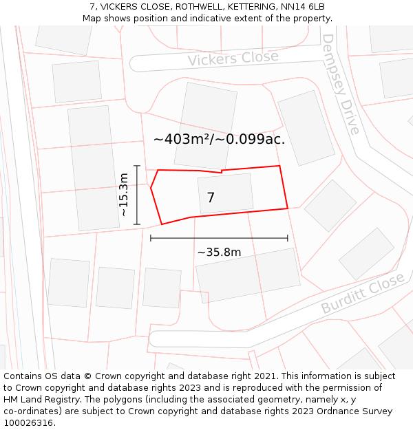 7, VICKERS CLOSE, ROTHWELL, KETTERING, NN14 6LB: Plot and title map