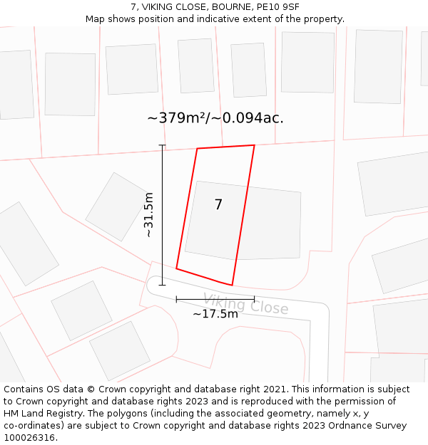 7, VIKING CLOSE, BOURNE, PE10 9SF: Plot and title map