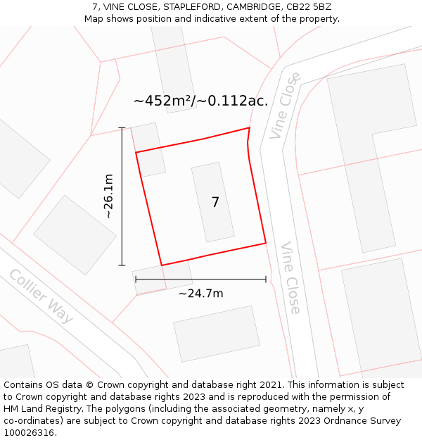 7, VINE CLOSE, STAPLEFORD, CAMBRIDGE, CB22 5BZ: Plot and title map