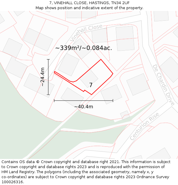 7, VINEHALL CLOSE, HASTINGS, TN34 2UF: Plot and title map