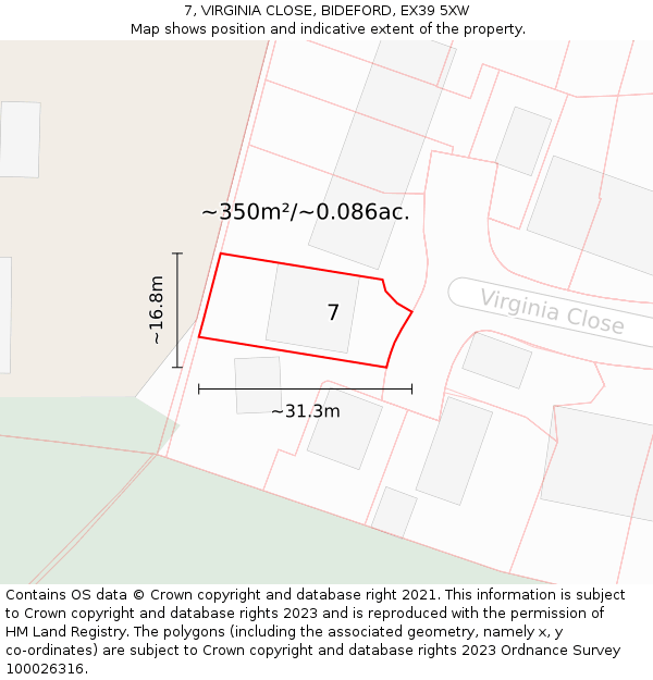 7, VIRGINIA CLOSE, BIDEFORD, EX39 5XW: Plot and title map