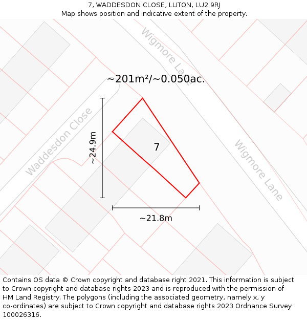 7, WADDESDON CLOSE, LUTON, LU2 9RJ: Plot and title map