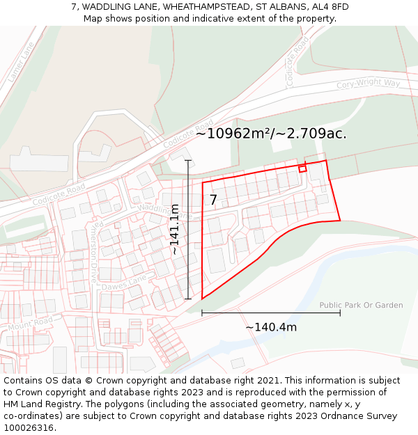 7, WADDLING LANE, WHEATHAMPSTEAD, ST ALBANS, AL4 8FD: Plot and title map
