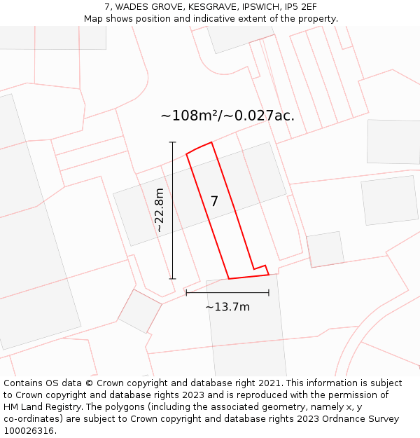 7, WADES GROVE, KESGRAVE, IPSWICH, IP5 2EF: Plot and title map