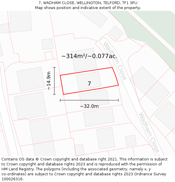7, WADHAM CLOSE, WELLINGTON, TELFORD, TF1 3PU: Plot and title map