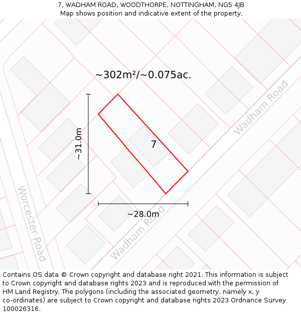 7, WADHAM ROAD, WOODTHORPE, NOTTINGHAM, NG5 4JB: Plot and title map