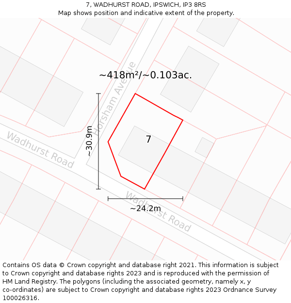 7, WADHURST ROAD, IPSWICH, IP3 8RS: Plot and title map