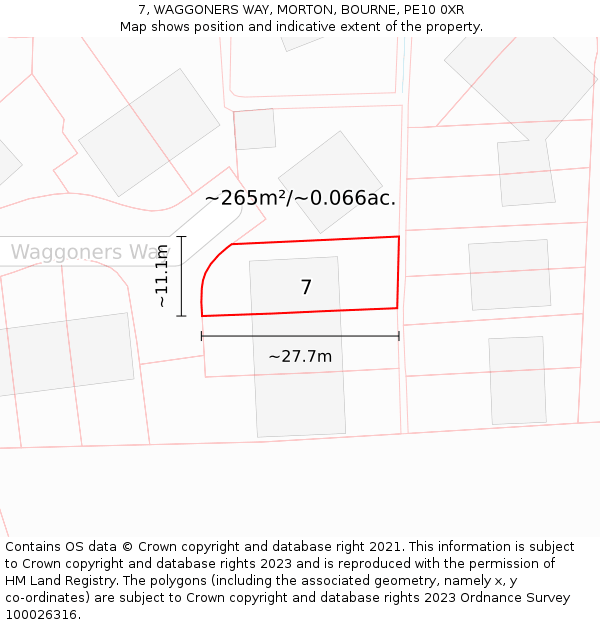 7, WAGGONERS WAY, MORTON, BOURNE, PE10 0XR: Plot and title map