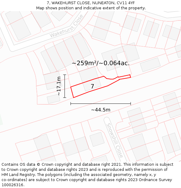 7, WAKEHURST CLOSE, NUNEATON, CV11 4YF: Plot and title map