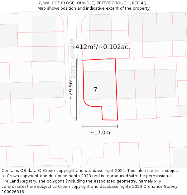 7, WALCOT CLOSE, OUNDLE, PETERBOROUGH, PE8 4QU: Plot and title map