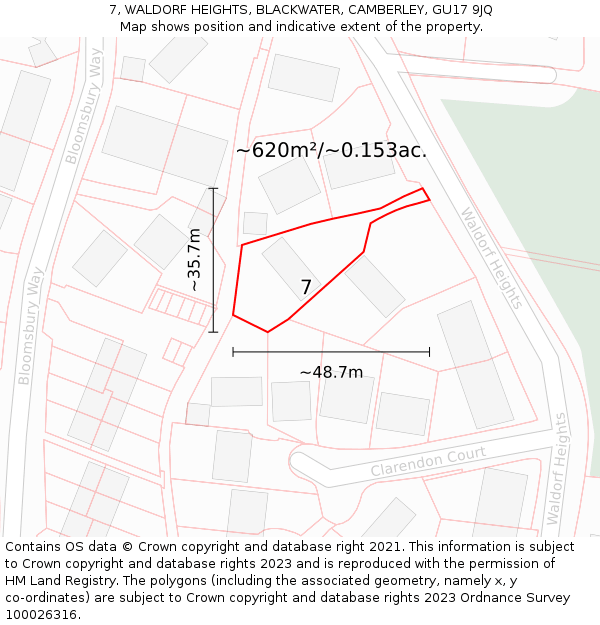 7, WALDORF HEIGHTS, BLACKWATER, CAMBERLEY, GU17 9JQ: Plot and title map