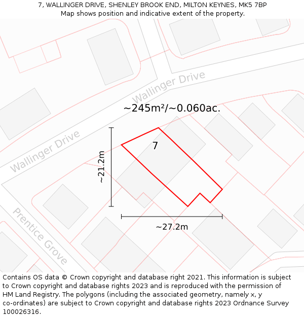 7, WALLINGER DRIVE, SHENLEY BROOK END, MILTON KEYNES, MK5 7BP: Plot and title map