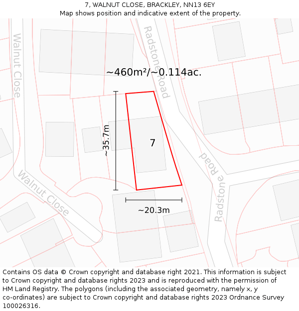 7, WALNUT CLOSE, BRACKLEY, NN13 6EY: Plot and title map