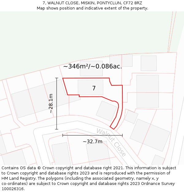 7, WALNUT CLOSE, MISKIN, PONTYCLUN, CF72 8RZ: Plot and title map
