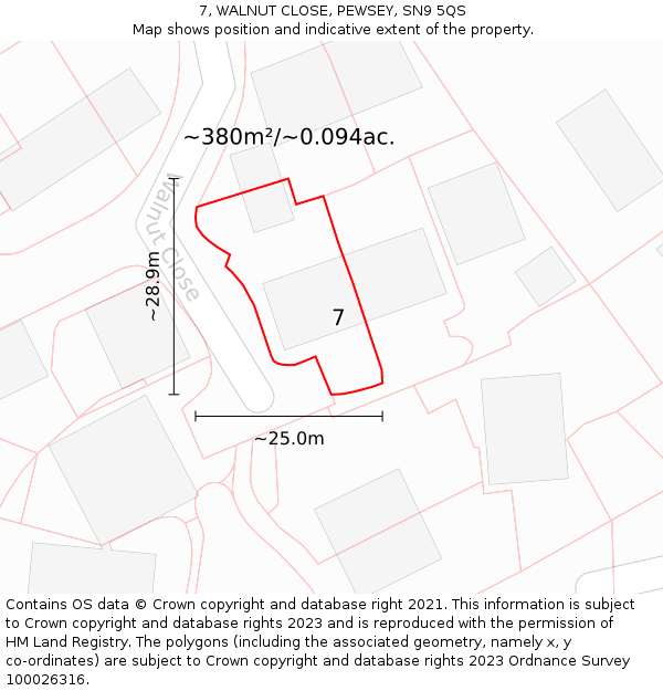 7, WALNUT CLOSE, PEWSEY, SN9 5QS: Plot and title map