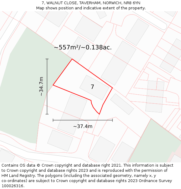 7, WALNUT CLOSE, TAVERHAM, NORWICH, NR8 6YN: Plot and title map