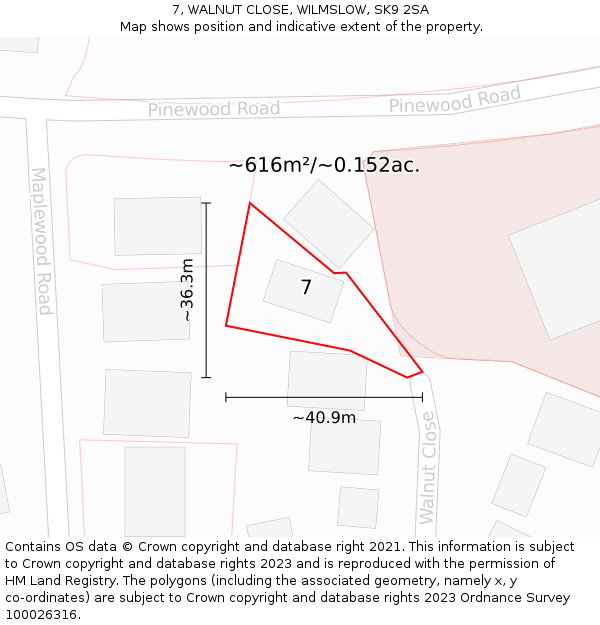 7, WALNUT CLOSE, WILMSLOW, SK9 2SA: Plot and title map