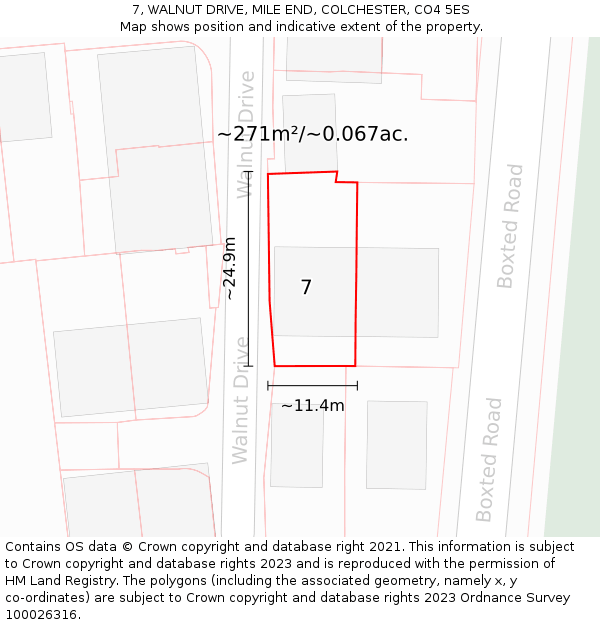 7, WALNUT DRIVE, MILE END, COLCHESTER, CO4 5ES: Plot and title map
