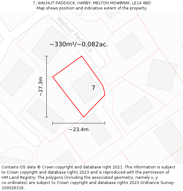 7, WALNUT PADDOCK, HARBY, MELTON MOWBRAY, LE14 4BD: Plot and title map