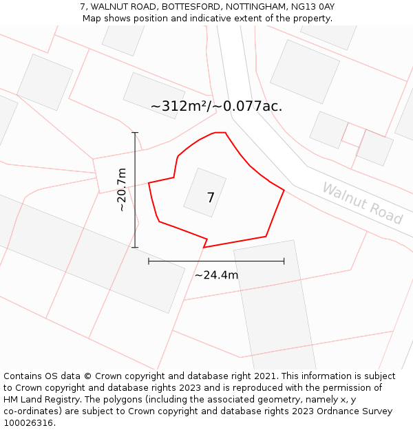 7, WALNUT ROAD, BOTTESFORD, NOTTINGHAM, NG13 0AY: Plot and title map