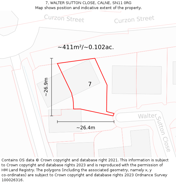7, WALTER SUTTON CLOSE, CALNE, SN11 0RG: Plot and title map