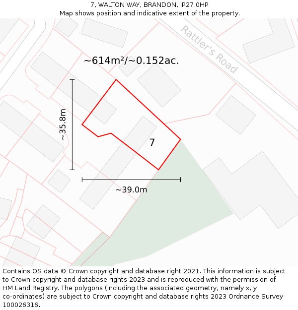 7, WALTON WAY, BRANDON, IP27 0HP: Plot and title map