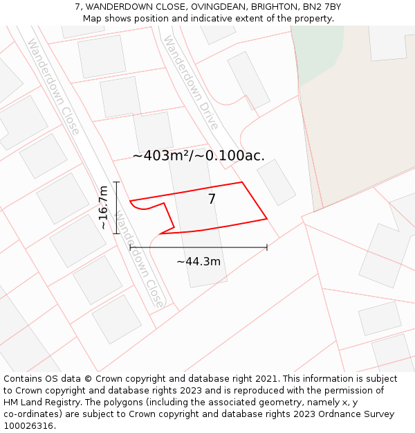 7, WANDERDOWN CLOSE, OVINGDEAN, BRIGHTON, BN2 7BY: Plot and title map