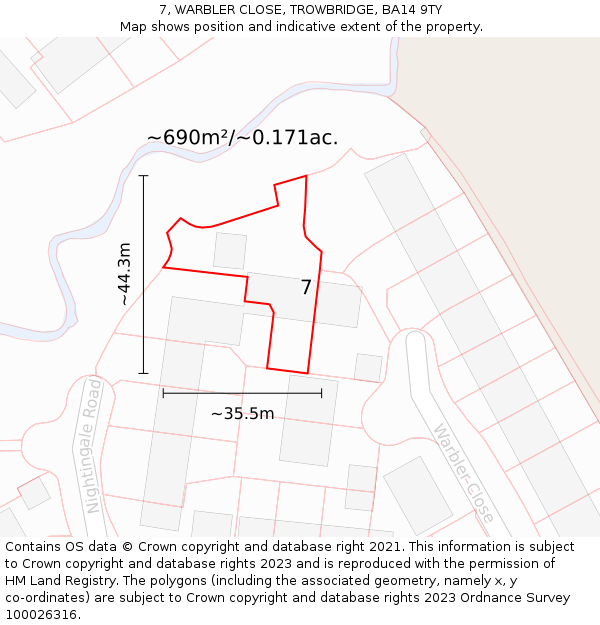7, WARBLER CLOSE, TROWBRIDGE, BA14 9TY: Plot and title map