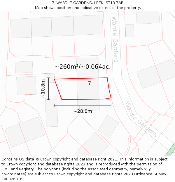 7, WARDLE GARDENS, LEEK, ST13 7AR: Plot and title map