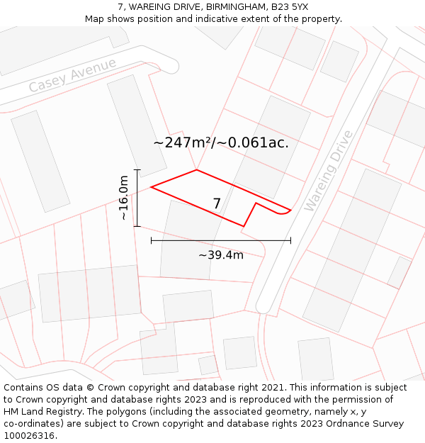 7, WAREING DRIVE, BIRMINGHAM, B23 5YX: Plot and title map