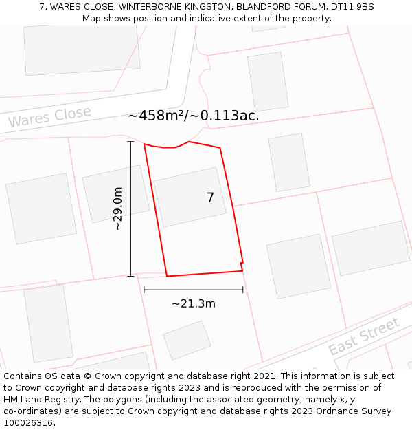 7, WARES CLOSE, WINTERBORNE KINGSTON, BLANDFORD FORUM, DT11 9BS: Plot and title map