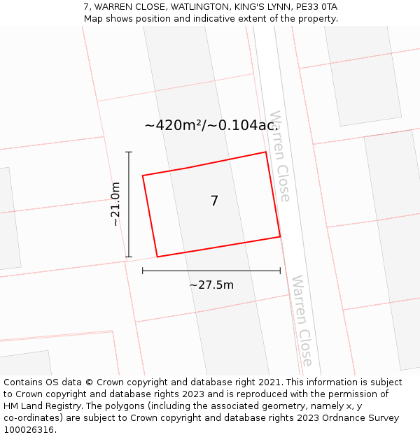 7, WARREN CLOSE, WATLINGTON, KING'S LYNN, PE33 0TA: Plot and title map