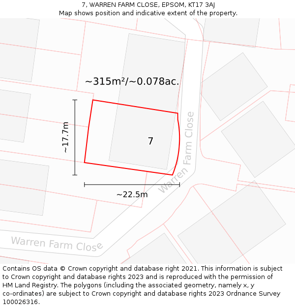 7, WARREN FARM CLOSE, EPSOM, KT17 3AJ: Plot and title map