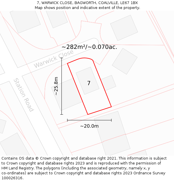 7, WARWICK CLOSE, BAGWORTH, COALVILLE, LE67 1BX: Plot and title map