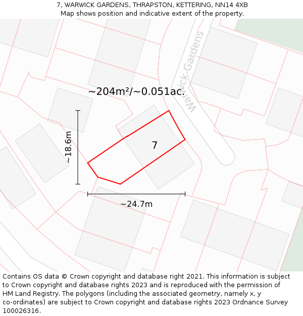 7, WARWICK GARDENS, THRAPSTON, KETTERING, NN14 4XB: Plot and title map