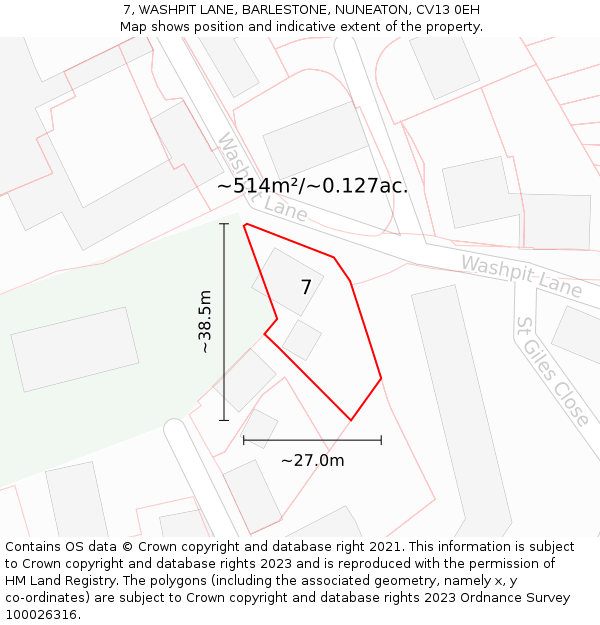 7, WASHPIT LANE, BARLESTONE, NUNEATON, CV13 0EH: Plot and title map
