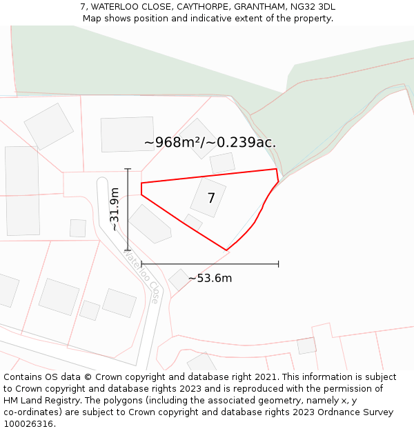 7, WATERLOO CLOSE, CAYTHORPE, GRANTHAM, NG32 3DL: Plot and title map