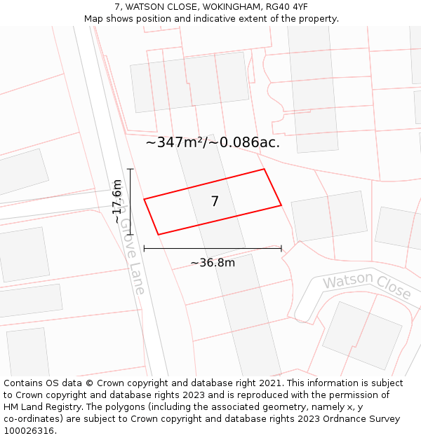 7, WATSON CLOSE, WOKINGHAM, RG40 4YF: Plot and title map