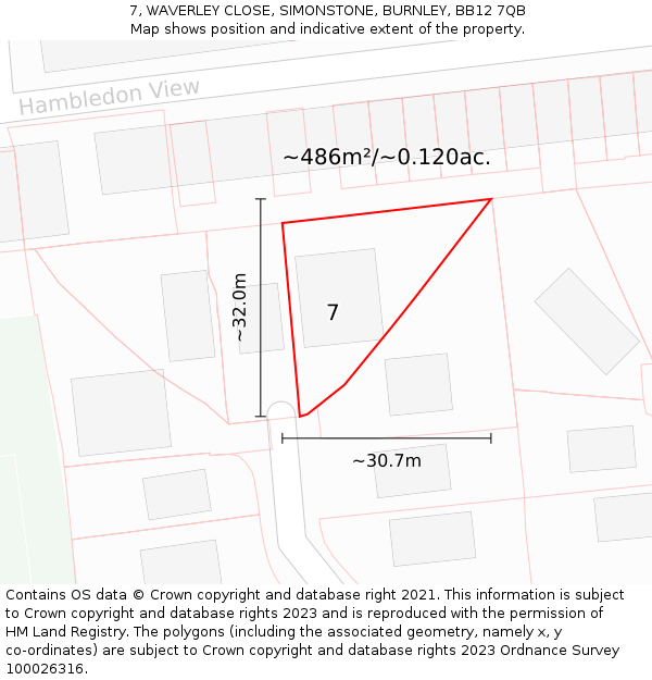 7, WAVERLEY CLOSE, SIMONSTONE, BURNLEY, BB12 7QB: Plot and title map