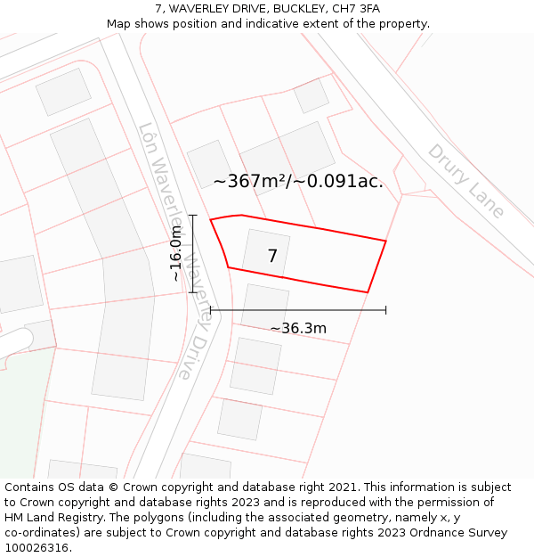 7, WAVERLEY DRIVE, BUCKLEY, CH7 3FA: Plot and title map