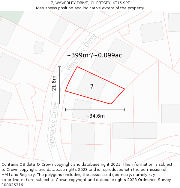 7, WAVERLEY DRIVE, CHERTSEY, KT16 9PE: Plot and title map