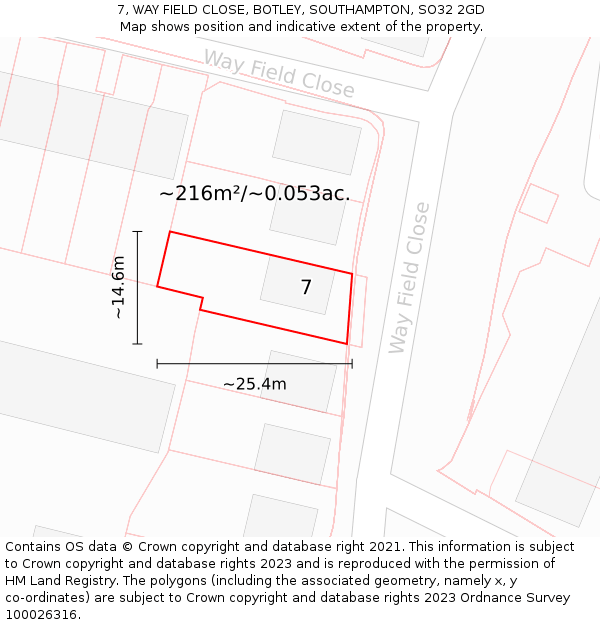 7, WAY FIELD CLOSE, BOTLEY, SOUTHAMPTON, SO32 2GD: Plot and title map