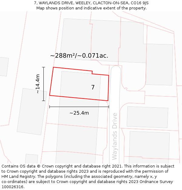 7, WAYLANDS DRIVE, WEELEY, CLACTON-ON-SEA, CO16 9JS: Plot and title map