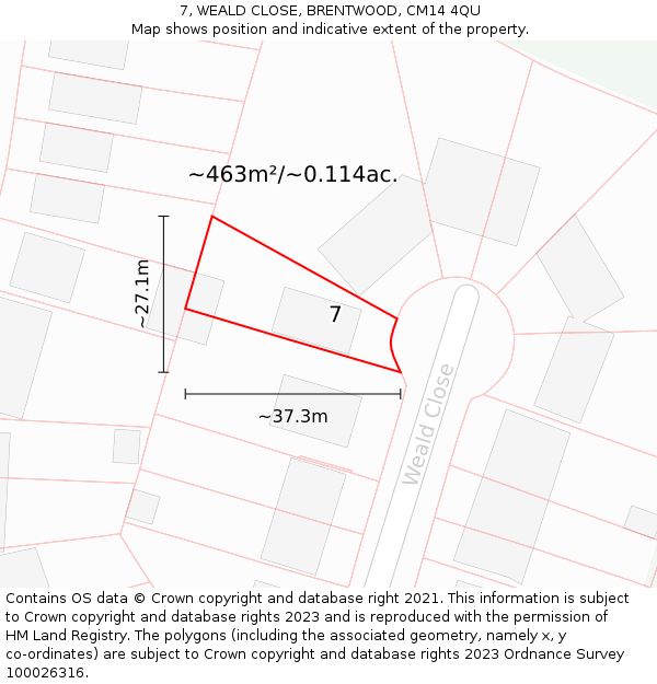7, WEALD CLOSE, BRENTWOOD, CM14 4QU: Plot and title map