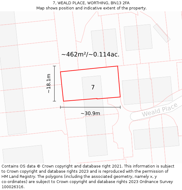 7, WEALD PLACE, WORTHING, BN13 2FA: Plot and title map